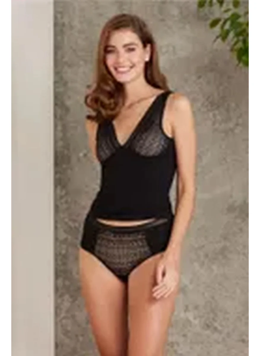 بيير كاردان 320 Women's Thick Strap Lace Undershirt Panty Set - Black