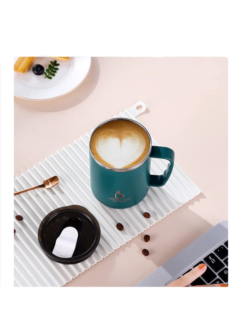 AROAQ Stainless Steel Double Layers Coffee Mug Milk Cup With Plastic Lid And Handle 500ml Green - Image 2