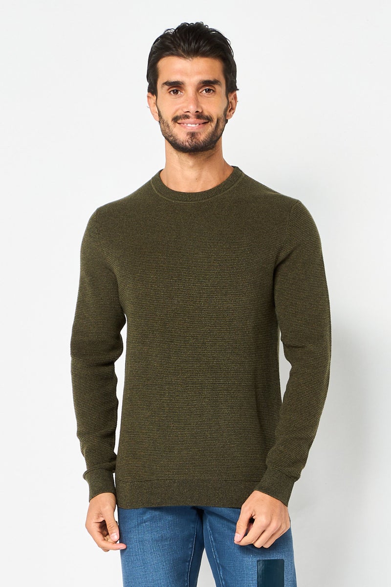 Selected Homme Men Crew Neck Textured Long Sleeve Sweater, Dark Olive - Image 1