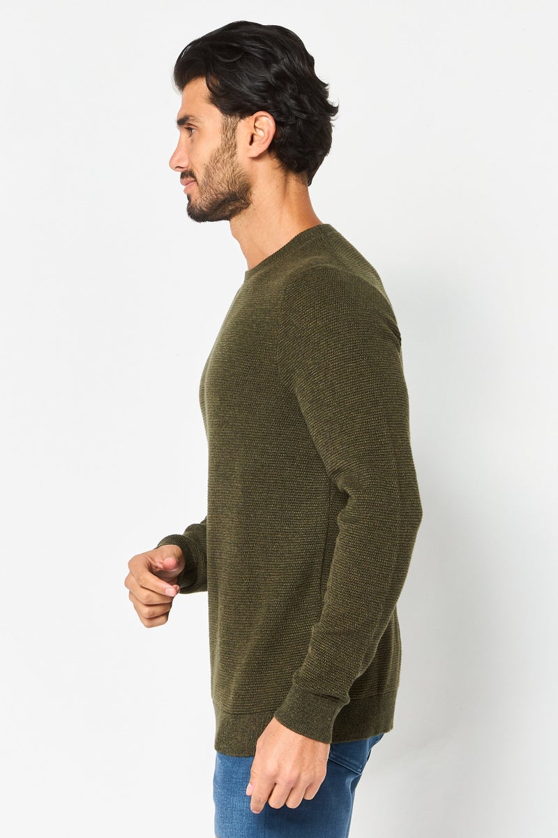 Selected Homme Men Crew Neck Textured Long Sleeve Sweater, Dark Olive - Image 3