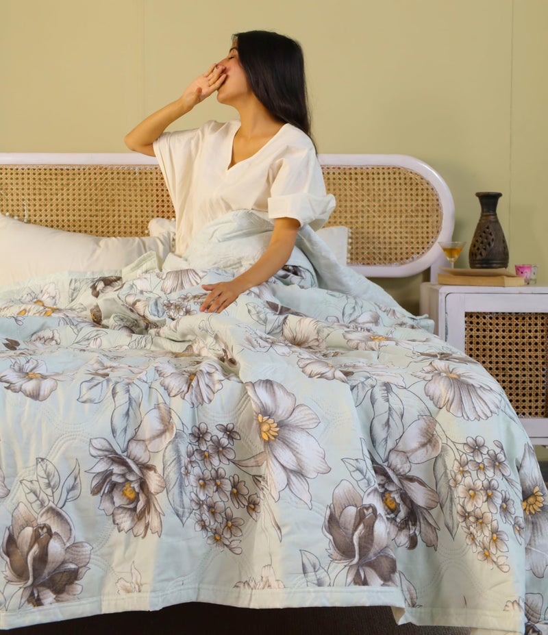 Fancy Walas Dohar Double Bed 100% Cotton Blankets for Summer | 90x100inch, 150GSM Ac Comforter and Cooling Blankets for Summer | Grey & Brwon | Classic Printed Design | Quilt | Ideal for Gifting - Image 1