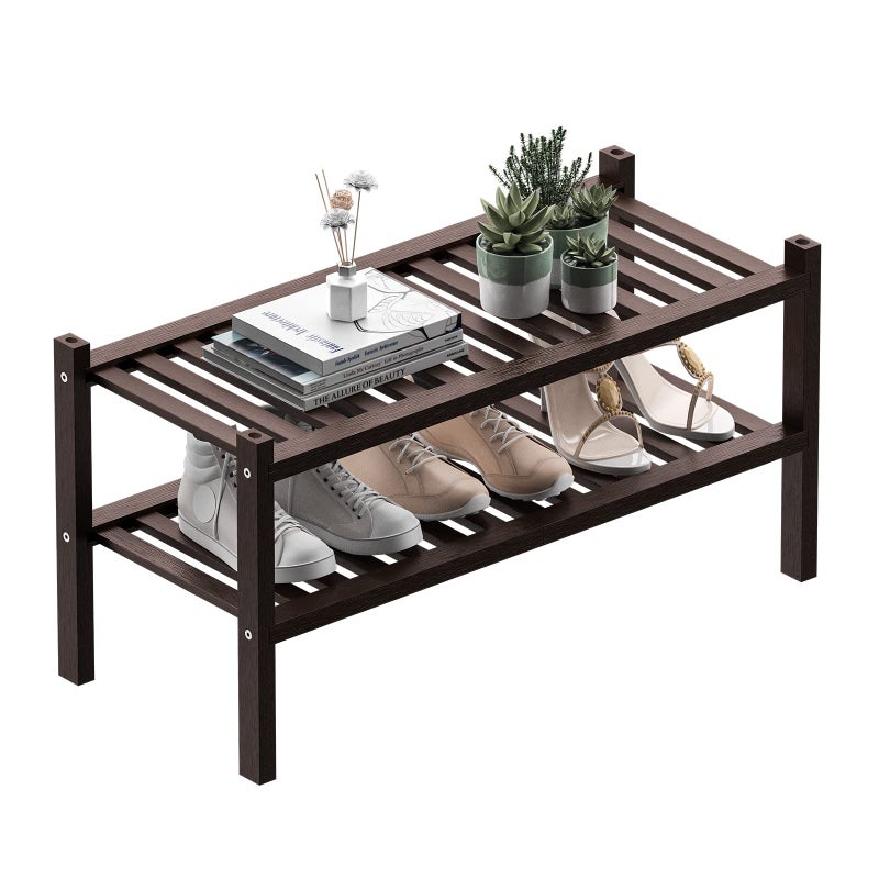 ROMGUAR CRAFT 2 Tier Thick Bamboo Shoe Rack for Closet Free Standing Wood Shoe Shelf for Entryway Small Space Stackable 27x12x14 Black Brown