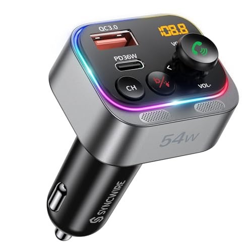 Syncwire Bluetooth 5.4 FM Transmitter Car Adapter 54W (PD 36W & 18W) [Stronger Dual Mics] [Light Switch] [HiFi Bass Sound] [Fast Charging] Wireless Radio Receiver Hands-Free Calling LED Display - Image 1