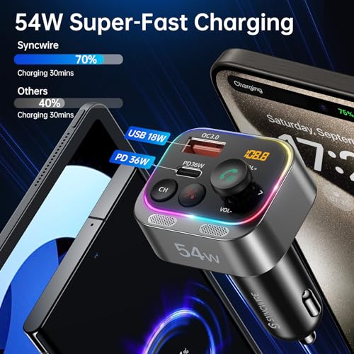 Syncwire Bluetooth 5.4 FM Transmitter Car Adapter 54W (PD 36W & 18W) [Stronger Dual Mics] [Light Switch] [HiFi Bass Sound] [Fast Charging] Wireless Radio Receiver Hands-Free Calling LED Display - Image 3