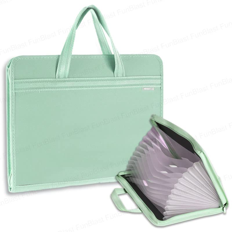 FunBlast حافظة ملفات A3 مع سحاب – 12 جيب، حقيبة تخزين احترافية كبيرة، منظم سفر، حامل فنان/شهادة (أخضر) - Image 1