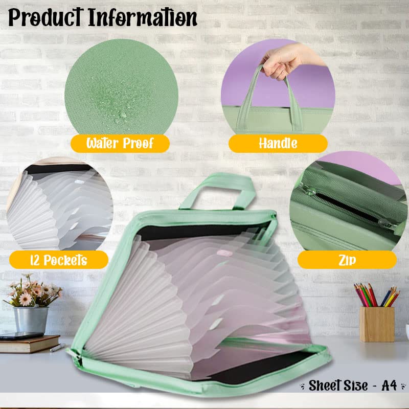 FunBlast حافظة ملفات A3 مع سحاب – 12 جيب، حقيبة تخزين احترافية كبيرة، منظم سفر، حامل فنان/شهادة (أخضر) - Image 2