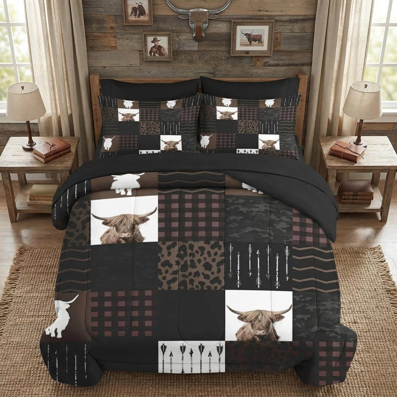 WeCozy 7 Pcs King Size Comforter Set with 2 Pillowcases & 2 Shams, Highland Cow Animal Bedding for Kids and Adults, Brown Farm Vintage Print Bed in a Bag with Flat Fitted Sheet - Image 1