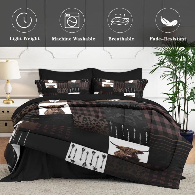 WeCozy 7 Pcs King Size Comforter Set with 2 Pillowcases & 2 Shams, Highland Cow Animal Bedding for Kids and Adults, Brown Farm Vintage Print Bed in a Bag with Flat Fitted Sheet - Image 4