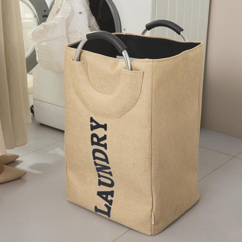 GOGO Laundry Basket Foldable Laundry Basket with Handle Large Capacity Dirty Clothes Basket Storage Bag Waterproof Home Laundry Organizer Hamp 32x25x50Cm Beige - Image 1