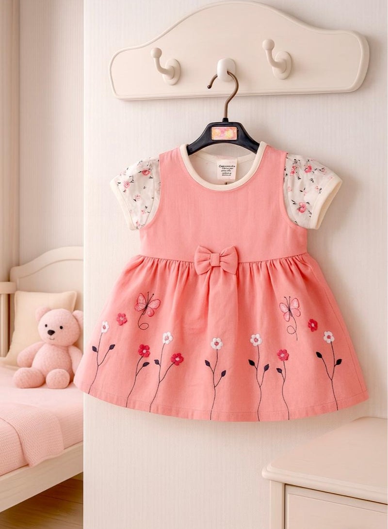 ANDRINA Pink floral baby dress with white shirt, stylish and fashionable newborn baby girls clothes - Image 2