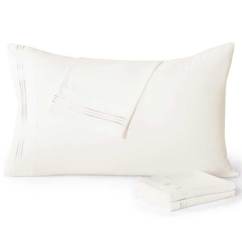 YIYEA Pillow Cases Queen Size Set of 4 Ultra Soft 1800TC Hotel Quality Double Brushed Microfiber Embroidered Pillowcases Envelope Closure Fade Resistant 20x30 Ivory