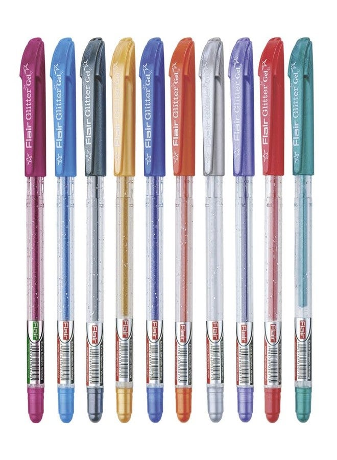 FLAIR Glitter Sparkle 1.0mm Gel Pen Blister Pack | Smooth & Perfect Writing Experience | Non-Toxic Fluid Gel Ink | Beautiful Transparent Body With Sparkles | Set of 10 Different Ink Colors - Image 2