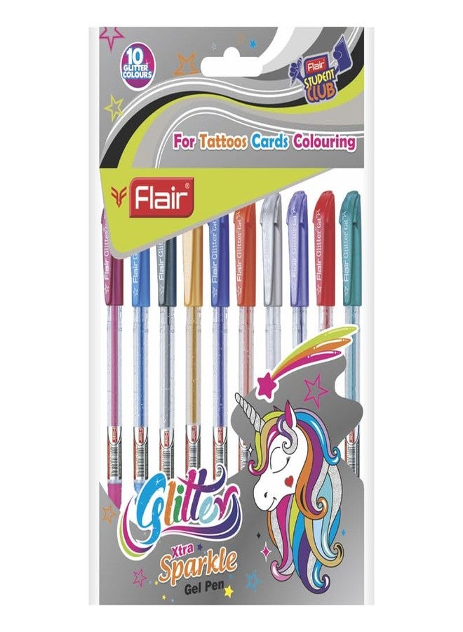 FLAIR Glitter Sparkle 1.0mm Gel Pen Blister Pack | Smooth & Perfect Writing Experience | Non-Toxic Fluid Gel Ink | Beautiful Transparent Body With Sparkles | Set of 10 Different Ink Colors - Image 1