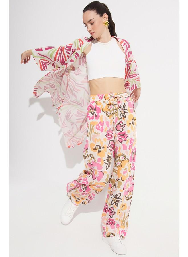 جون بنطلون نسائي واسع من الكتان بنقشة زهور بلون الفوشيا - Image 1