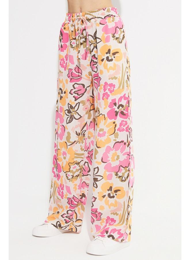 جون بنطلون نسائي واسع من الكتان بنقشة زهور بلون الفوشيا - Image 4