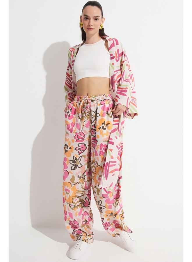 جون بنطلون نسائي واسع من الكتان بنقشة زهور بلون الفوشيا - Image 5