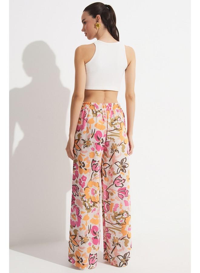 جون بنطلون نسائي واسع من الكتان بنقشة زهور بلون الفوشيا - Image 2