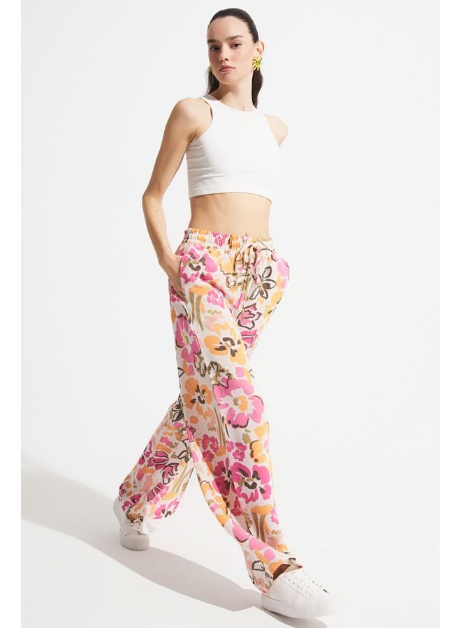 جون بنطلون نسائي واسع من الكتان بنقشة زهور بلون الفوشيا - Image 3