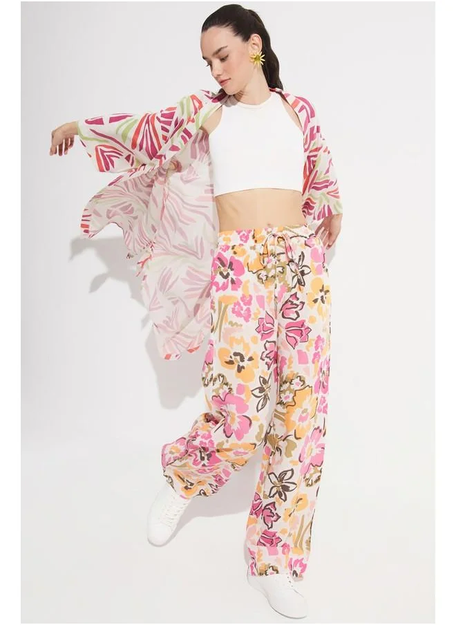 جون June Women Exclusive Wide Leg Linen Blend Floral Patterned Trouser Fuchsia