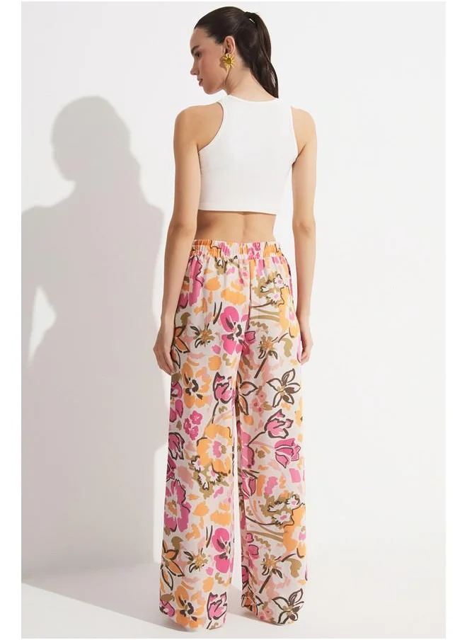 جون June Women Exclusive Wide Leg Linen Blend Floral Patterned Trouser Fuchsia