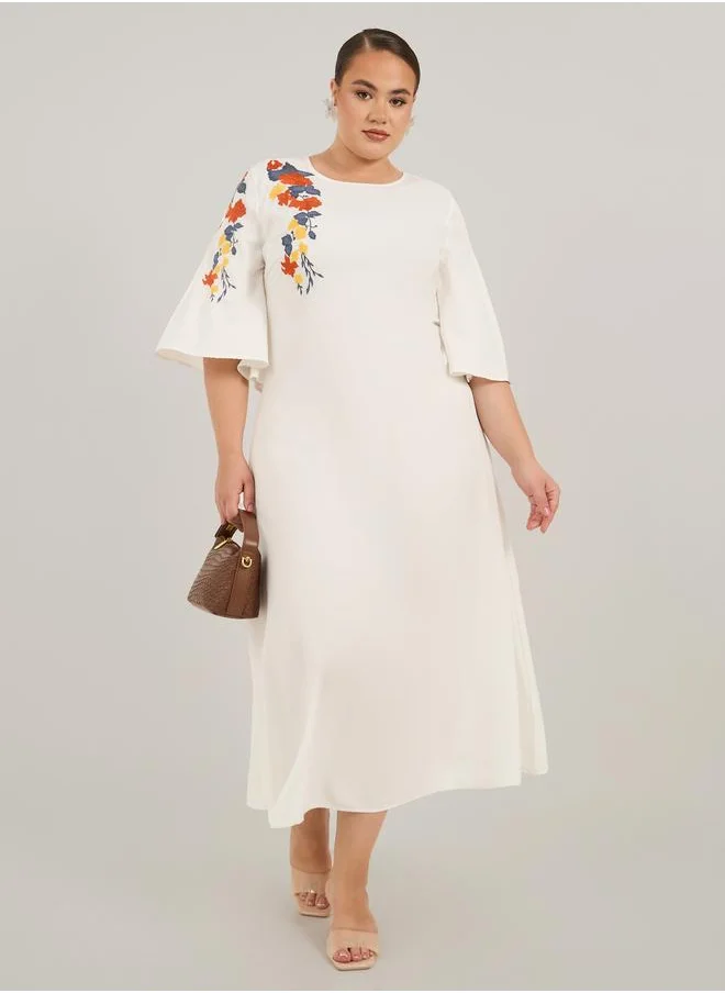 ستايلي Styli Plus Size Embroidered 3/4 Sleeves A-Line Midi Dress