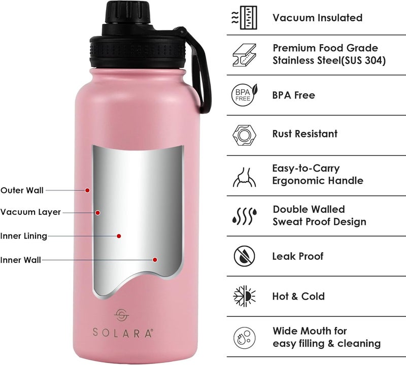 SOLARA Insulated Water Bottle 1 Litre, Hot Water Bottle, 1000ml Thermosteel Water Bottle for Travel, Home, Office, School, Gym, Adults, Water Bottle Hot and Cold, Sipper Bottle, Angel Pink - Image 2
