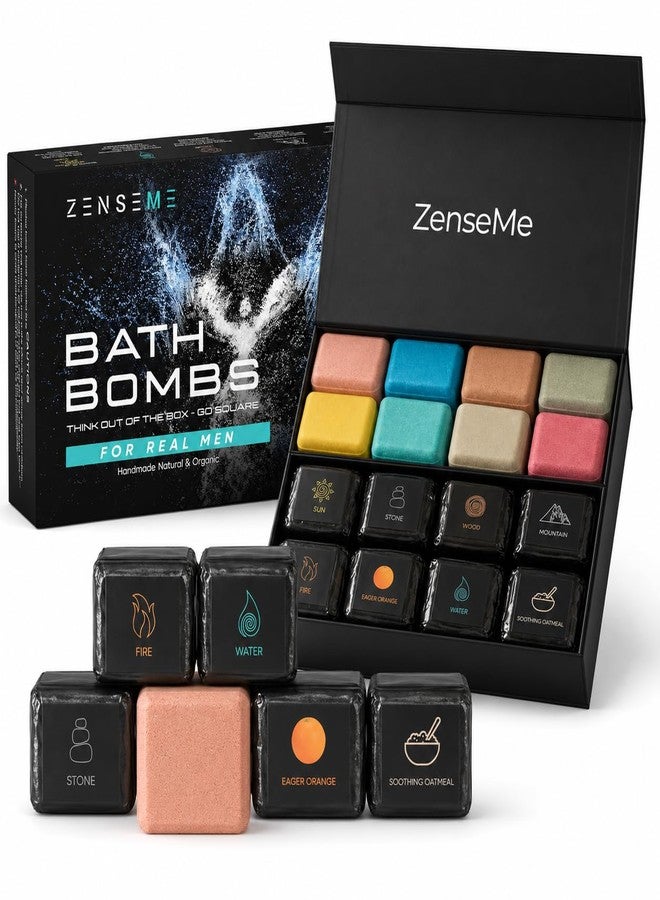 ZenseMe Bath Bombs for Men - Gift Set of 8 Scented Organic Handmade Natural Bath Bombs of 2.5 oz w/Natural Essential Oils, Unique Extra Strength Manly Scents, for Boyfriend, Husband, Father - Square Shape - Image 1