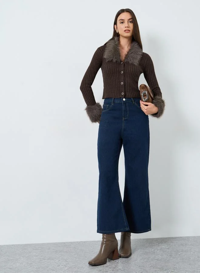 تايك تو كارديغان بني قهوة مزين بفرو صناعي