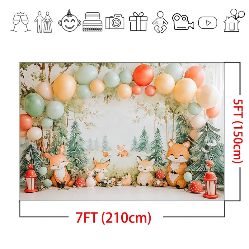 Mocsicka Woodland Baby Shower Backdrop Woodland Fairy Tale Forest Birthday Photography Background Decoration Cake Smash Fox Red Mushroom Photo Prop Supplies (7x5ft) - Image 5