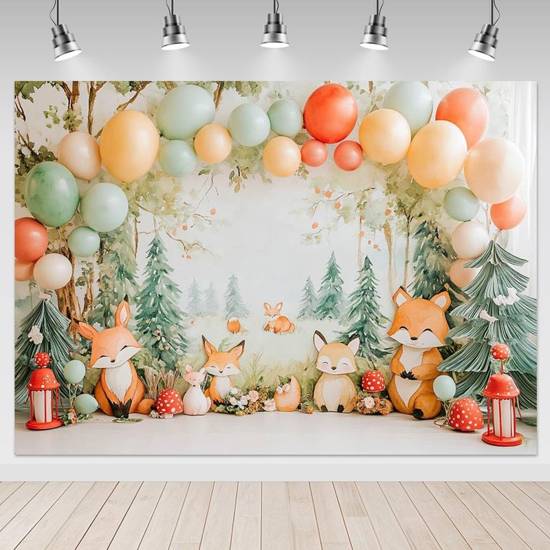 Mocsicka Woodland Baby Shower Backdrop Woodland Fairy Tale Forest Birthday Photography Background Decoration Cake Smash Fox Red Mushroom Photo Prop Supplies (7x5ft) - Image 1