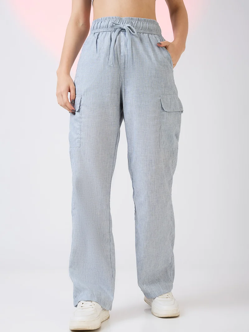 globus Globus Women Self Design Checkered Mid Rise Drawstring Waist Cargo Trousers