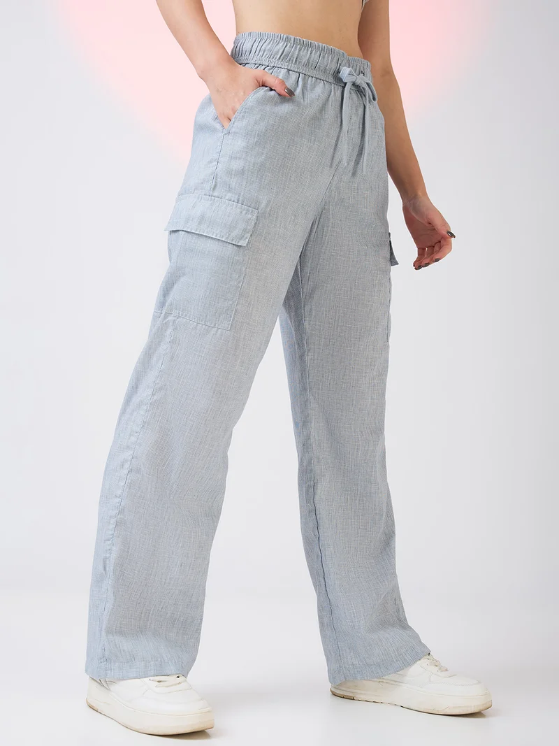 globus Women Self Design Checkered Mid Rise Drawstring Waist Cargo Trousers