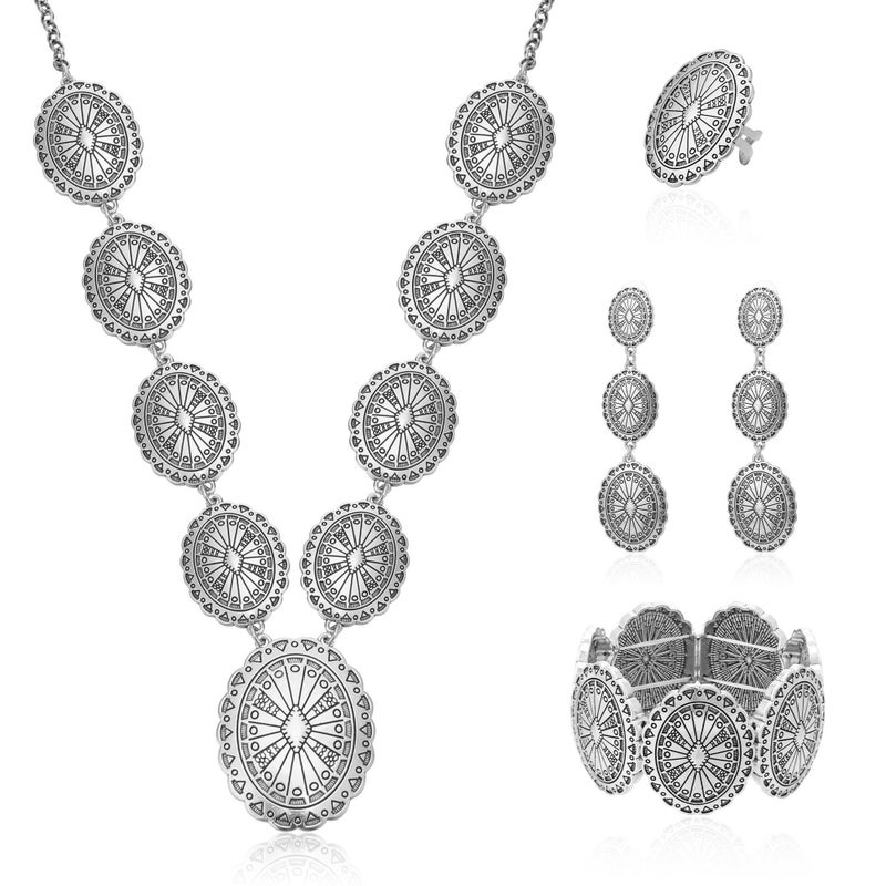 JMScape 4 PCS Western Turquoise Jewelry for Women Boho Vintage Navajo Pearl Necklace Earring Bracelet Ring Set Country Cowgirl Accessories for Gift (S-Silver) - Image 1