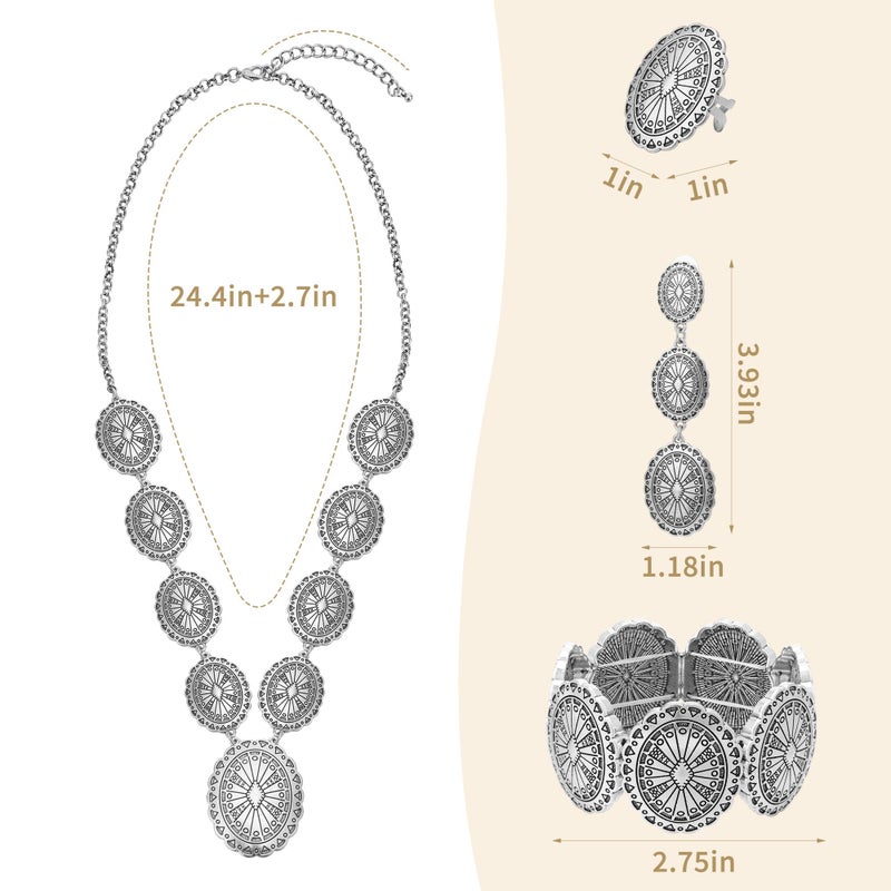 JMScape 4 PCS Western Turquoise Jewelry for Women Boho Vintage Navajo Pearl Necklace Earring Bracelet Ring Set Country Cowgirl Accessories for Gift (S-Silver) - Image 5