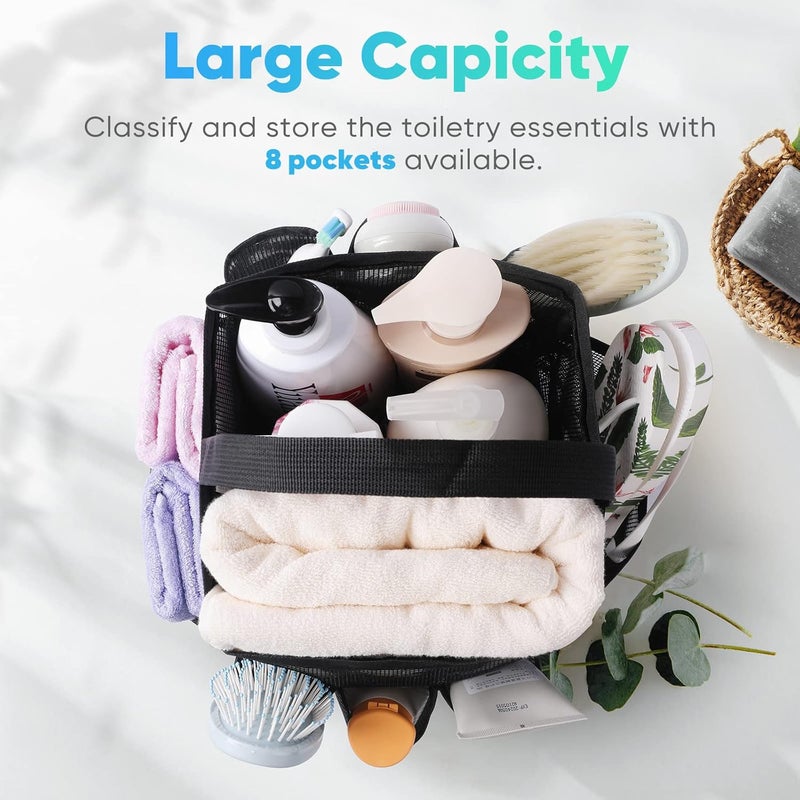 EUDELE حامل دش شبكي محمول لأساسيات غرفة النوم الجامعية، مع 8 جيوب بسعة كبيرة، حقيبة دش للشاطئ، السباحة، الصالة الرياضية، أسود بالكامل - Image 2