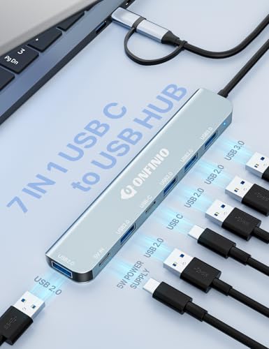 ONFINIO USB C/USB Hub Multiport Adapter,7 in 1 Aluminum USB 3.0 Hub with 1 *USB 3.0, 4*USB 2.0,1*USB C and 1 * 5IN Power Port for PC/Laptop/MacBook/iPad Pro and More Devices - Image 2
