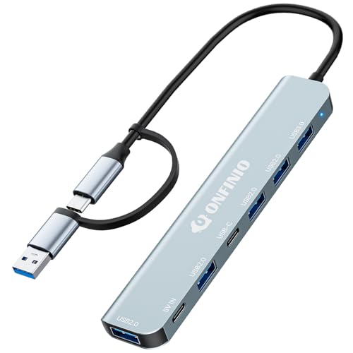 ONFINIO USB C/USB Hub Multiport Adapter,7 in 1 Aluminum USB 3.0 Hub with 1 *USB 3.0, 4*USB 2.0,1*USB C and 1 * 5IN Power Port for PC/Laptop/MacBook/iPad Pro and More Devices - Image 1