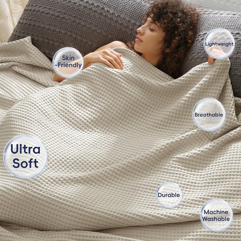 PHF بطانية ويفل ناعمة ومريحة 1 قطعة، خفيفة الوزن وقابلة للتنفس لجميع الفصول، مثالية للسرير، الأريكة، الكرسي، السيارة، المكتب، القيلولة وزينة الغرفة، بطانية سرير، حجم كوين 90 × 90 بوصة، لون طبيعي - Image 2