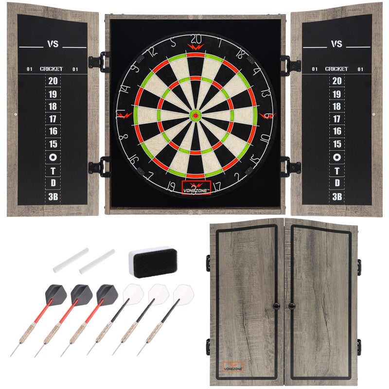 VONEZONE Dartboard Cabinet Set - Easy Assembly One Piece Sports Hemp Dartboard Scoreboard - Play Immediately - 6 Dart Chalk Set for Home Game Bar Accessories, Gray - Image 1