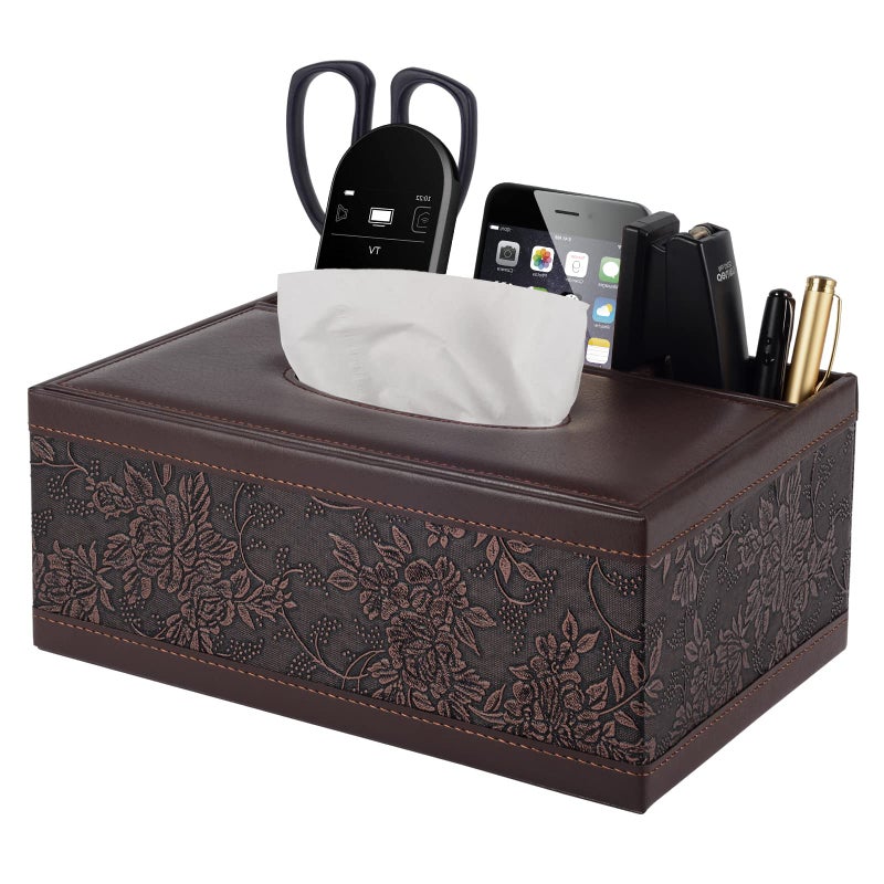 XNONE Tissue Box Cover Rectangle Retro Kleenex Box Holder PU Leather Facial Tissue OrganizerMultifunctional Remote Control Stationery Storage BoxHome Office Supplies Car Napkin Caddy