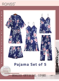 roaiss 5 PCS Pajama Sets for Women Sweet Floral Printing Lace Edge Homewear Ladies Nightwear Silky Clothes Suits Spring Summer Sleepwear Sling with Chest Pad Nightdress(Suspender Top + Suspender Skirt + Nightgown + Shorts + Trousers)Blue  - Image 4