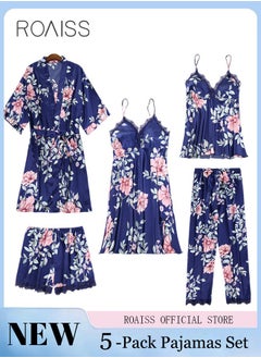 roaiss 5 PCS Pajama Sets for Women Sweet Floral Printing Lace Edge Homewear Ladies Nightwear Silky Clothes Suits Spring Summer Sleepwear Sling with Chest Pad Nightdress(Suspender Top + Suspender Skirt + Nightgown + Shorts + Trousers)Blue  - Image 1
