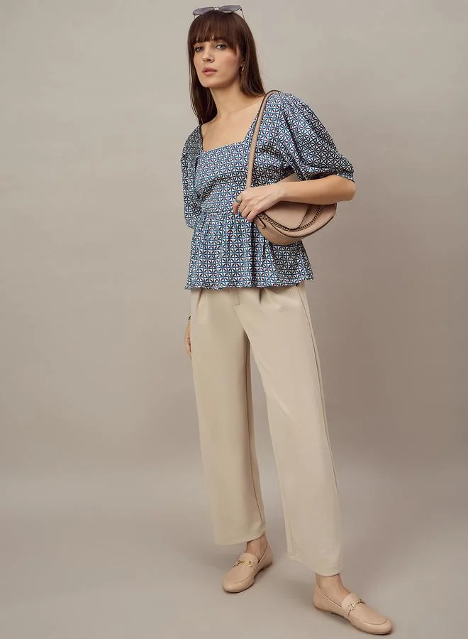 Kuwarii Geometric Print Peplum Top with Back-Tie