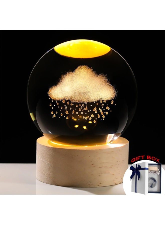3D Cloud and Rains Crystal Ball Gifts for Women Men, Crystal Decorative Ball Engraved Cloud Figurine Paperweight with LED Light Base for Home Office Decoration for Birthday - Image 1