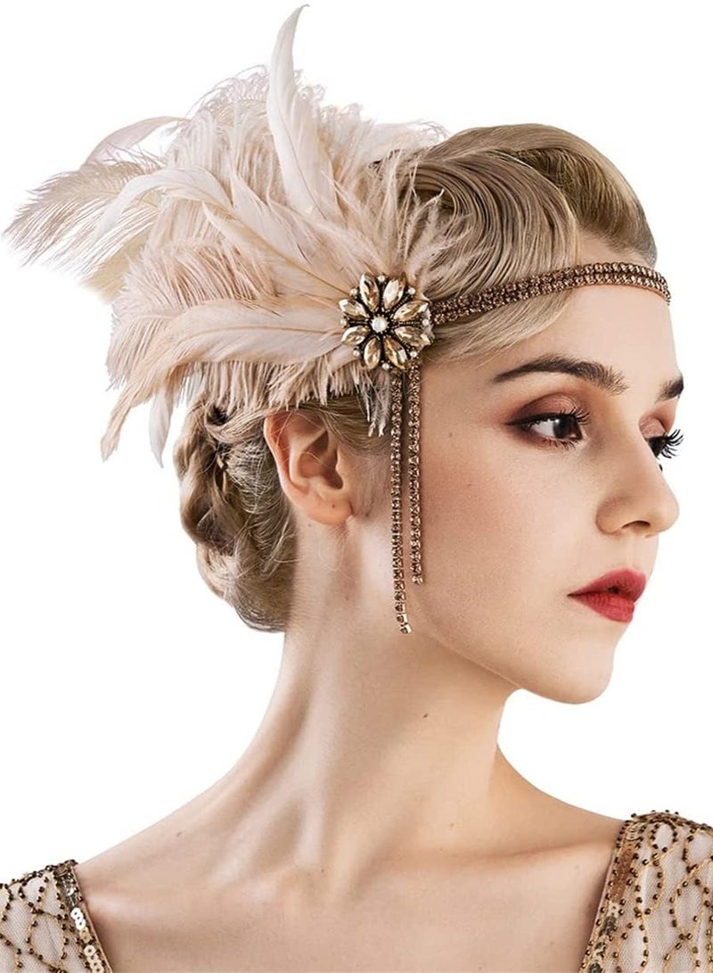 1920s Flapper Headband with Rhinestones & Pearls, Elegant Great Gatsby Hair Accessory for Women, Art Deco Style (Champagne) - Image 1