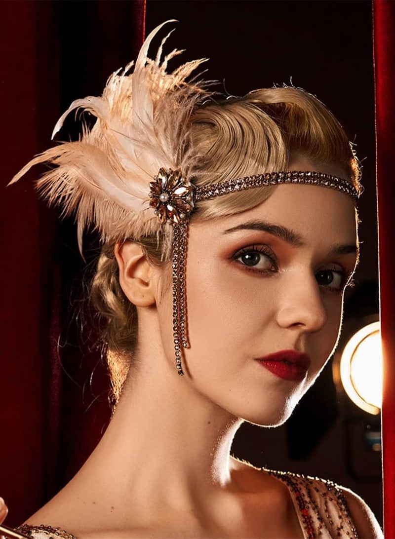 1920s Flapper Headband with Rhinestones & Pearls, Elegant Great Gatsby Hair Accessory for Women, Art Deco Style (Champagne) - Image 2
