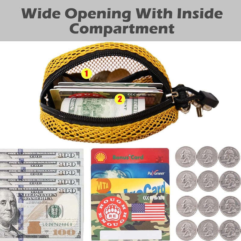 RE ROUGH ENOUGH Rough Enough Small Coin Purse Pouch Card Holder Wallet with Zipper Clip for Women in Golden Yellow Mesh Mini - Image 5