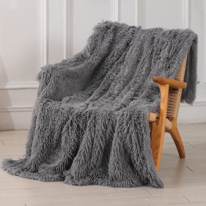 Tuddrom Decorative Extra Soft Faux Fur Blanket Queen Size 80 x 90Solid Reversible Fuzzy Fluffy Cozy Plush Fleece Comfy Microfiber Blanket for Couch Sofa BedGrey