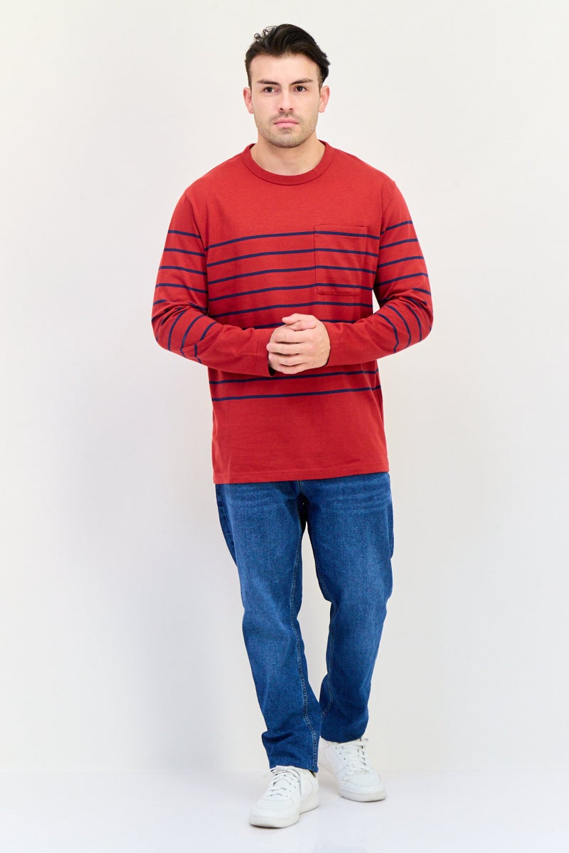 Celio Men Crew Neck Long Sleeve Stripe T-Shirt, Red - Image 2