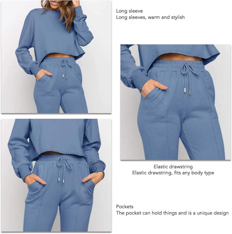 كلاراكو طقم ملابس نسائي مكون من قطعتين، بلوزة قصيرة بأكمام طويلة، خصر مرن برباط، بنطال رياضي، بدلة رياضية غير رسمية، طقم ترفيهي - Image 1